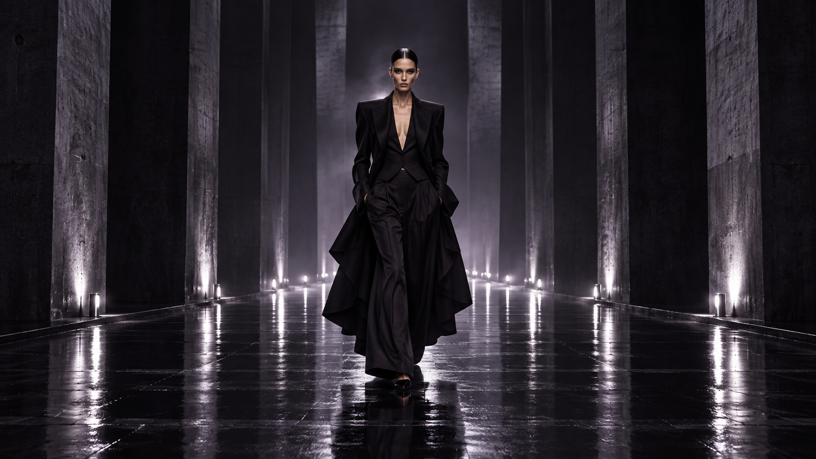 Nocturnal runway model in black tailoring